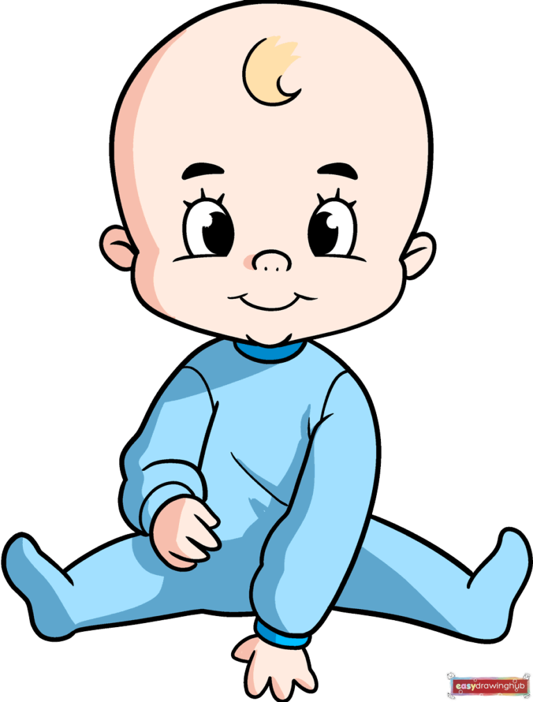 Completed full-color drawing of a cute cartoon baby, serving as the final result for the easy step-by-step drawing tutorial.