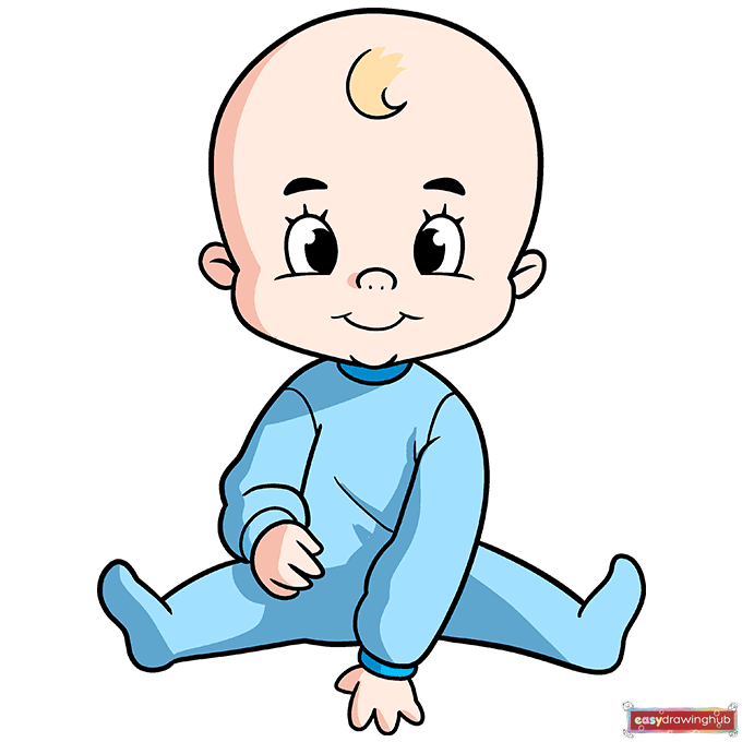 Fully colored cartoon baby drawing showing the completed artwork with a blue onesie and peach skin tone.