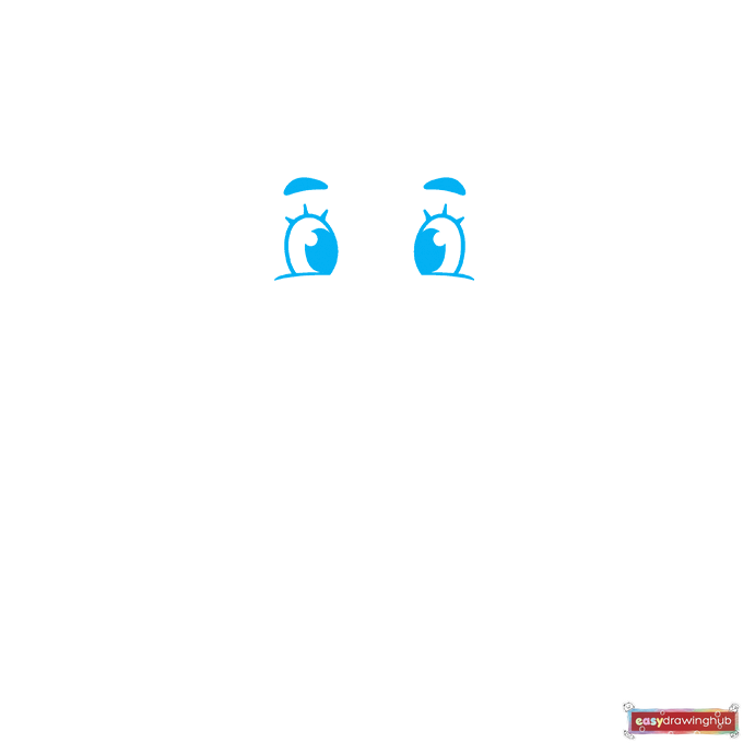 Line drawing showing how to sketch curved lines for the eyes, pupils, and eyebrows on the easy cartoon baby face.