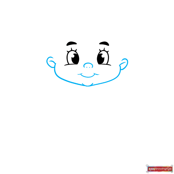 Step-by-step illustration demonstrating how to draw the cheeks, chin, ears, and smiling mouth of the baby.