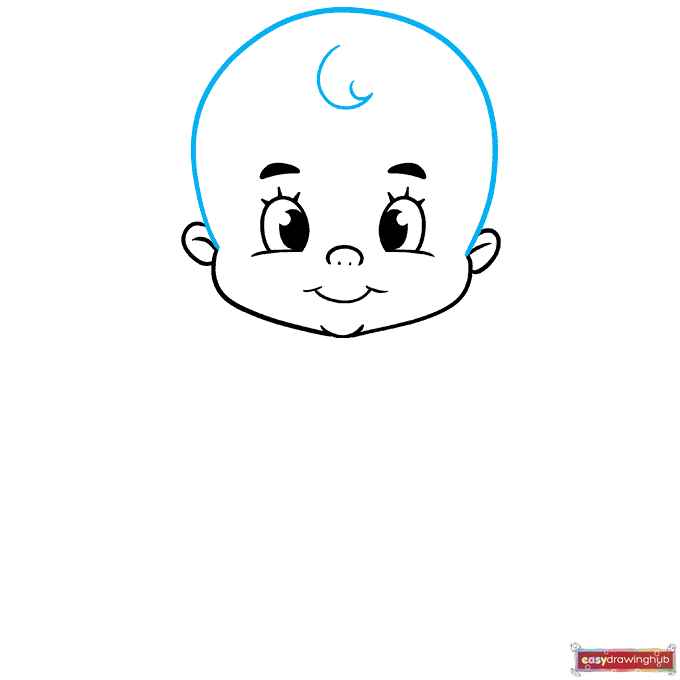 Drawing tutorial showing how to outline the round head and add a small curl of hair on the baby's forehead.