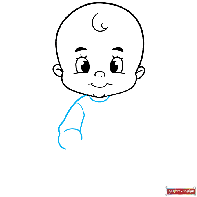 Sketch showing how to draw the neckline and the right sleeve of the baby's clothing.
