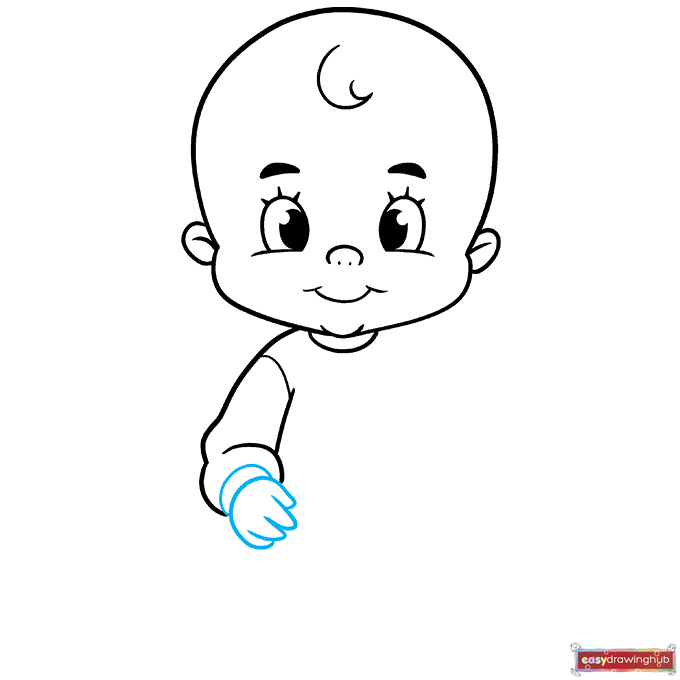 Illustration detailing how to draw the crescent-shaped cuff and the baby's right hand.