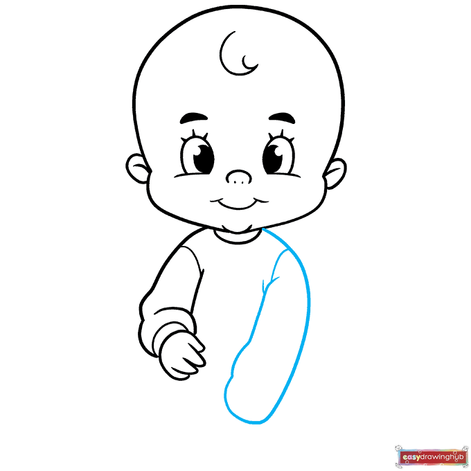 Line art showing how to sketch the left sleeve pointing slightly upward on the cartoon baby.