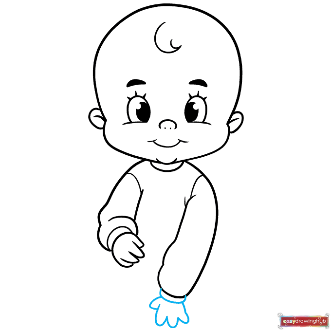 Step-by-step guide showing how to add the cuff and the left hand to the baby's arm.