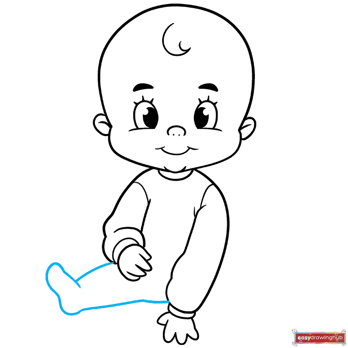 Drawing instruction showing how to sketch the right leg and rounded foot of the baby.
