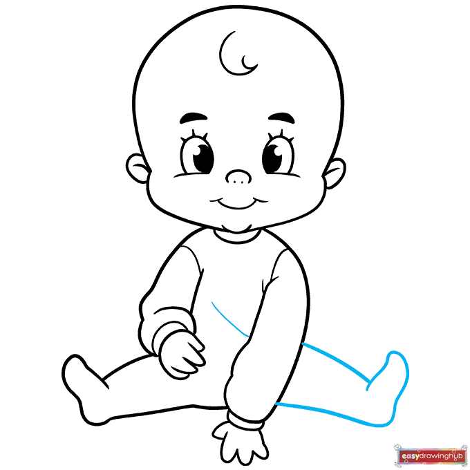 Illustration demonstrating how to draw the left leg, foot, and fabric folds on the baby's onesie.
