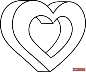 A beautifully outlined 3D heart coloring page showing simple line art and dimensional curves, ready for kids to color and shade.