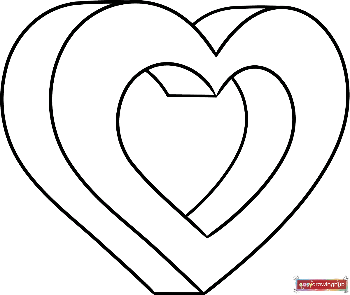 A beautifully outlined 3D heart coloring page showing simple line art and dimensional curves, ready for kids to color and shade.