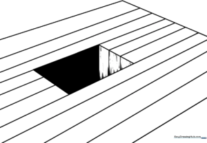 A black and white 3D hole optical illusion coloring page for kids to print and color
