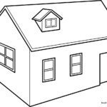 A simple, fun 3D house coloring page featuring clear outlines for kids to color and customize.
