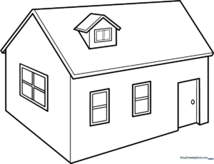 A simple, fun 3D house coloring page featuring clear outlines for kids to color and customize.