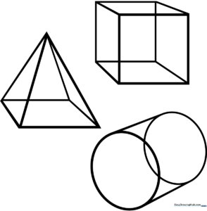 Black and white printable coloring sheet featuring various 3D geometric shapes like cubes, spheres, and pyramids for kids to color.