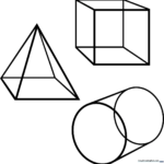 Black and white printable coloring sheet featuring various 3D geometric shapes like cubes, spheres, and pyramids for kids to color.