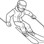 A fun, easy-to-color illustration of a skier carving through the snow, perfect for kids and winter sports enthusiasts.