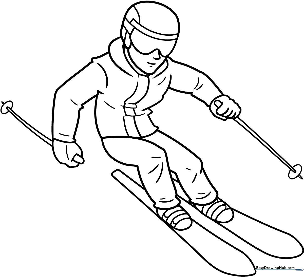 A fun, easy-to-color illustration of a skier carving through the snow, perfect for kids and winter sports enthusiasts.
