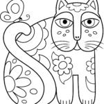 A fun, free printable coloring page featuring an abstract cat in the artistic style of Laurel Burch with bold patterns.