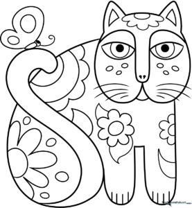 A fun, free printable coloring page featuring an abstract cat in the artistic style of Laurel Burch with bold patterns.