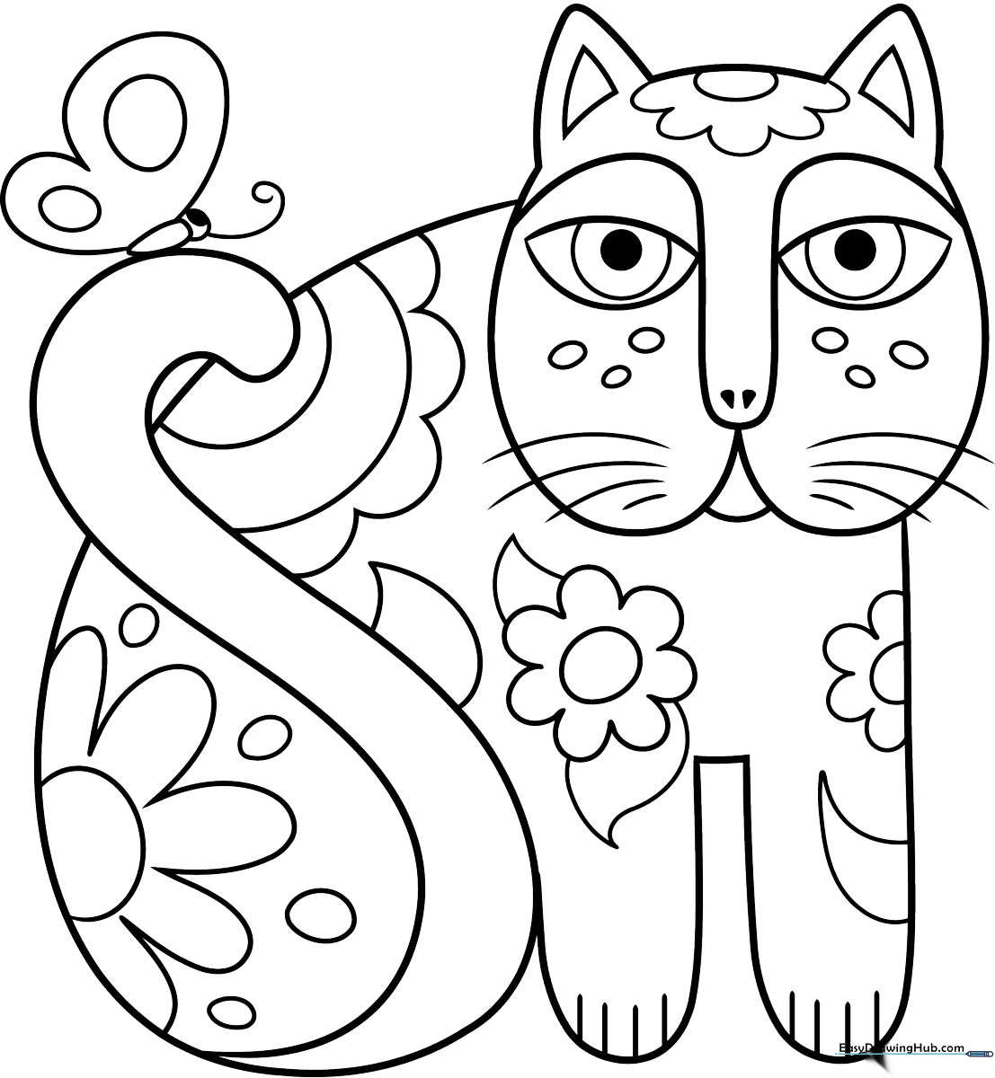 A fun, free printable coloring page featuring an abstract cat in the artistic style of Laurel Burch with bold patterns.
