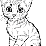 A cute cartoon Abyssinian kitten with large eyes and pointy ears, ready for kids to color on this free printable sheet.