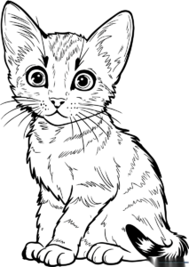 A cute cartoon Abyssinian kitten with large eyes and pointy ears, ready for kids to color on this free printable sheet.