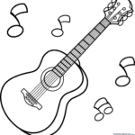 A detailed acoustic guitar coloring page for kids featuring clear lines and a classic instrument design