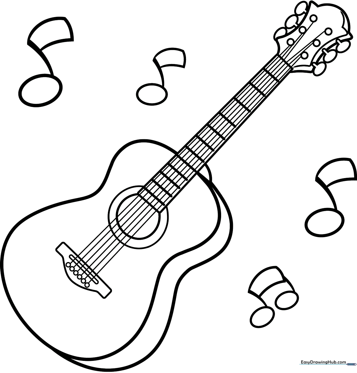 A detailed acoustic guitar coloring page for kids featuring clear lines and a classic instrument design