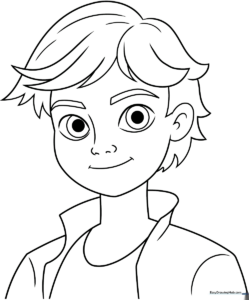 Black and white line art of Adrien Agreste from Miraculous, ready for kids to color with crayons or markers.