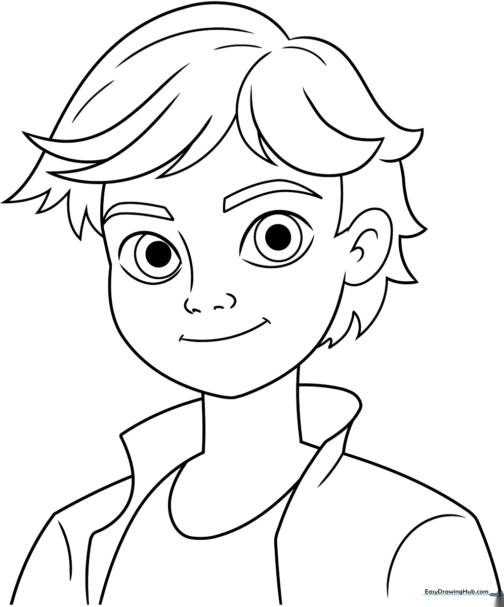 Black and white line art of Adrien Agreste from Miraculous, ready for kids to color with crayons or markers.