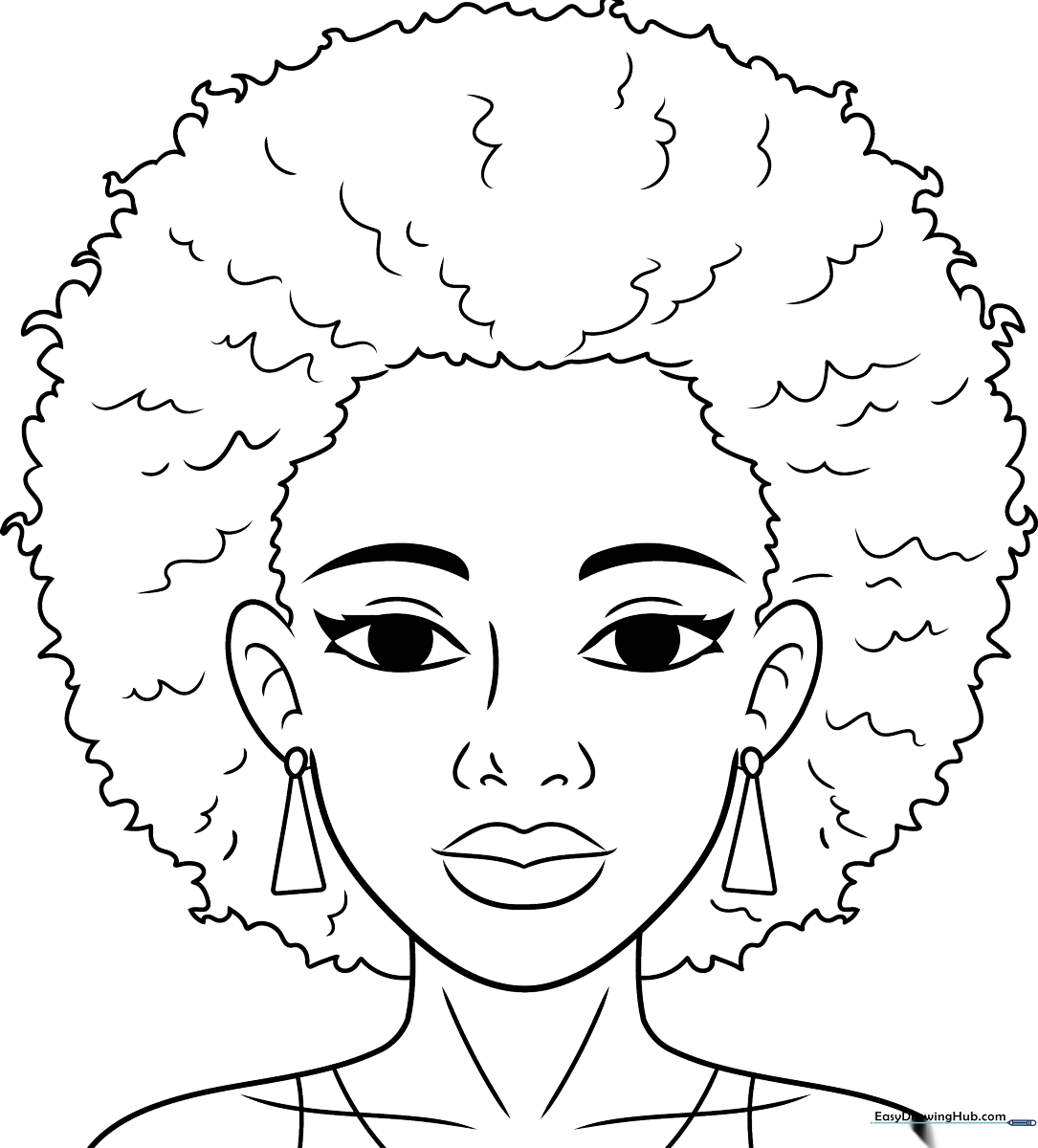 A detailed, free printable Afro hair coloring page featuring a stylish, voluminous hairstyle for kids to color.