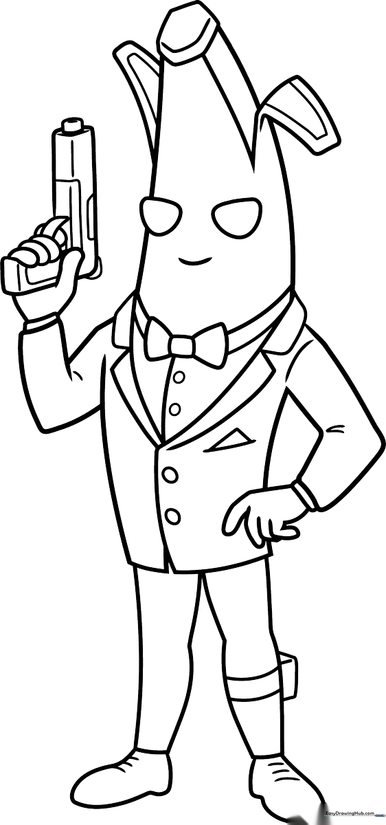Agent Peely from Fortnite character in a suit, free printable coloring page for kids