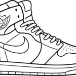 A clean black and white outline of an Air Jordan 1 sneaker, ready for kids to color and customize.