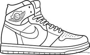 A clean black and white outline of an Air Jordan 1 sneaker, ready for kids to color and customize.