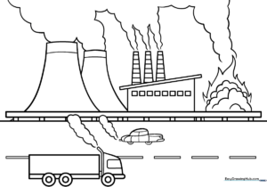 A detailed, easy-to-color printable sheet showing industrial air pollution for kids to color and learn about the environment.