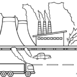 A detailed, easy-to-color printable sheet showing industrial air pollution for kids to color and learn about the environment.