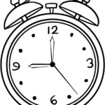 A fun, simple alarm clock coloring page for kids featuring clear outlines and a friendly design.