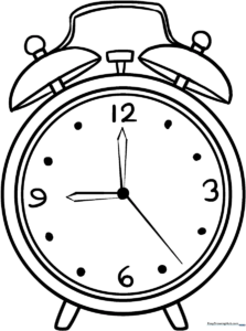 A fun, simple alarm clock coloring page for kids featuring clear outlines and a friendly design.