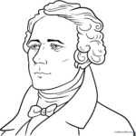 A high-quality, free printable Alexander Hamilton coloring page featuring a clear outline of the Founding Father for kids to color.