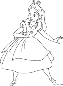 A detailed Alice in Wonderland coloring page featuring Alice in her iconic dress, ready for kids to print and color.