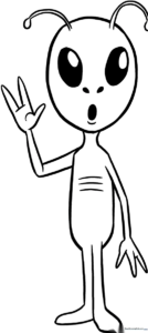 A friendly cartoon alien character with large eyes and antennae, ready for kids to color on this free printable sheet.