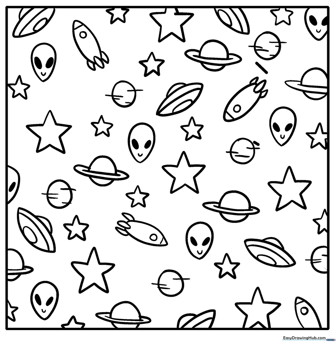 Detailed alien doodle pattern coloring page for kids, featuring a friendly extraterrestrial character with geometric shapes and patterns.