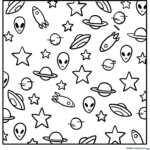 Detailed alien doodle pattern coloring page for kids, featuring a friendly extraterrestrial character with geometric shapes and patterns.