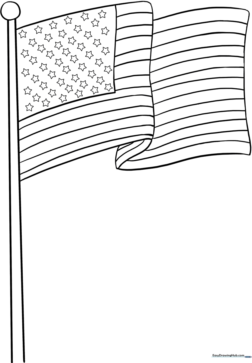 A high-quality, free printable American Flag coloring page featuring clear outlines for kids to color.