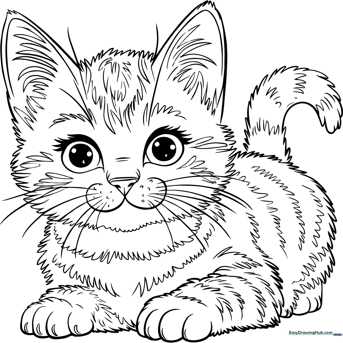 A cute cartoon American Shorthair kitten with large expressive eyes, ready for kids to color on this free printable sheet.