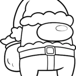 Line art of an Among Us crewmate wearing a Santa hat and a festive beard, designed for children to color with crayons or markers.