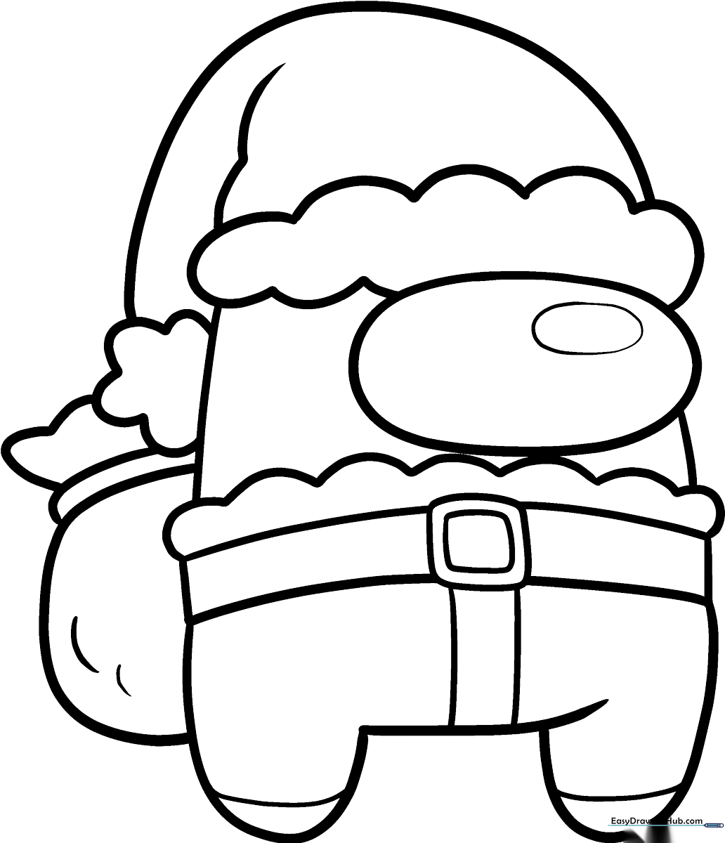 Line art of an Among Us crewmate wearing a Santa hat and a festive beard, designed for children to color with crayons or markers.